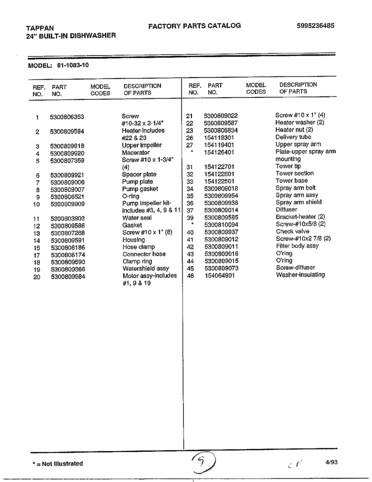 Parts List Diagram and Parts List for 61-1083-10  Frigidaire Dishwasher