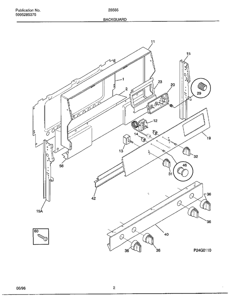 Backguard Diagram and Parts List for 285660A  Frigidaire Range