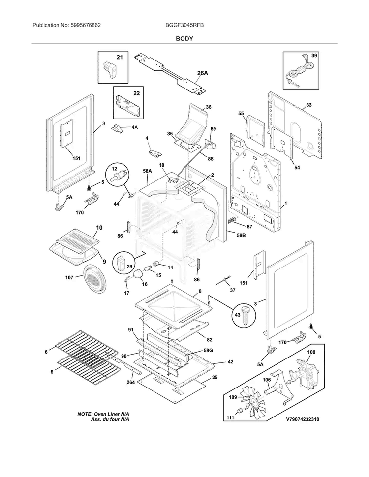 Body Diagram and Parts List for BGGF3045RFB  Frigidaire Range