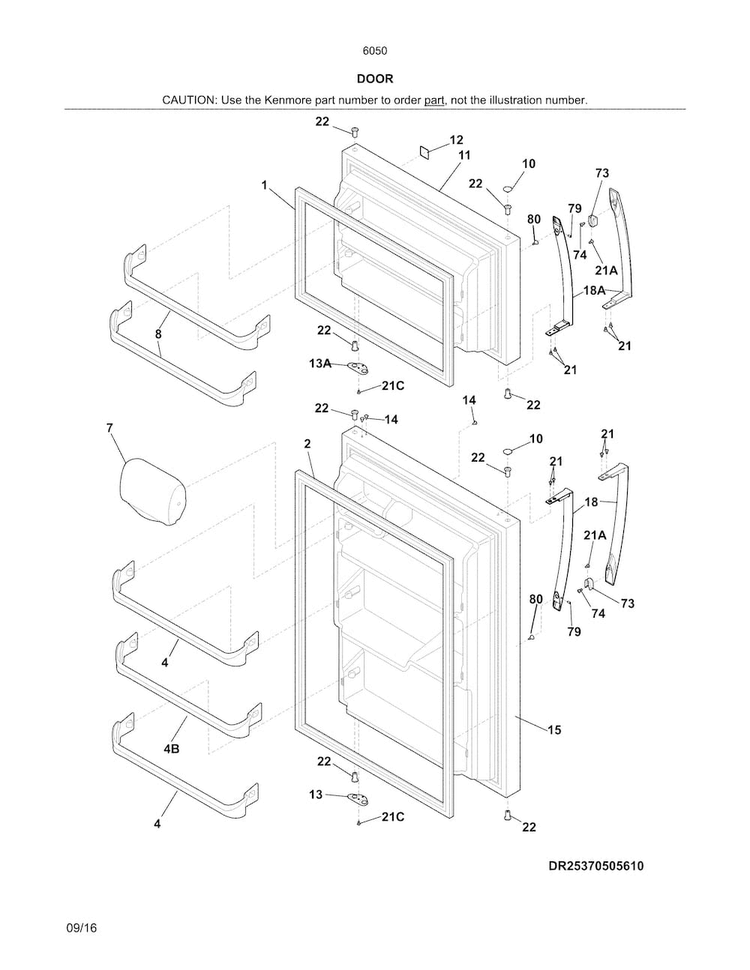 Doors Diagram and Parts List for 25360504610  Kenmore Refrigerator