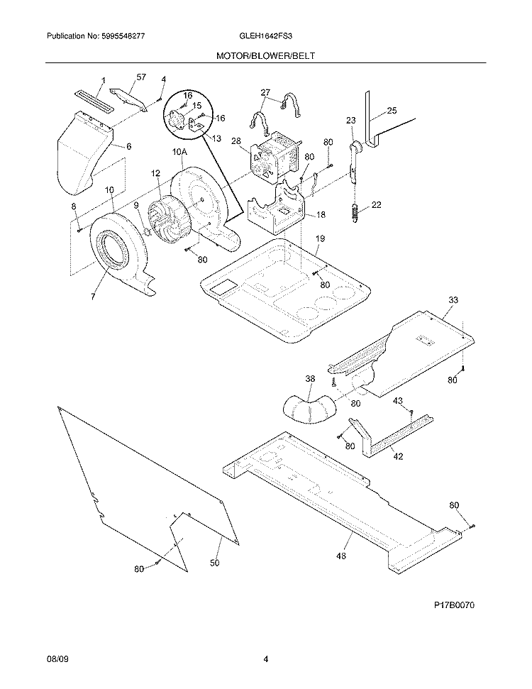 MOTOR/BLOWER/BELT Diagram and Parts List for GLEH1642FS3  Frigidaire Washer Dryer Combo