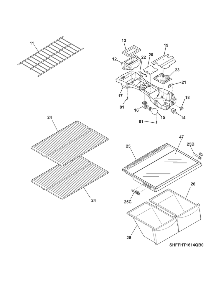 Shelves Diagram and Parts List for FFHT1514QW3  Frigidaire Refrigerator