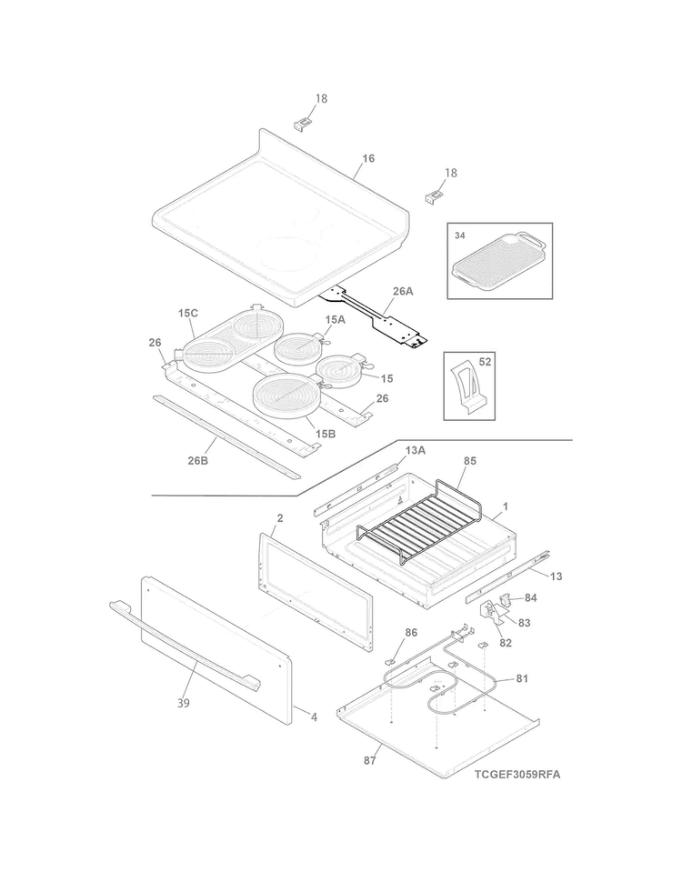 Top/drawer Diagram and Parts List for CGEF3059RFA  Frigidaire Range