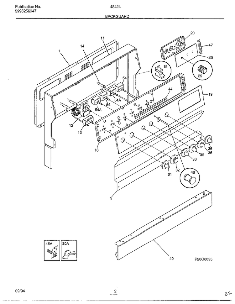 Backguard Diagram and Parts List for 484240A  Frigidaire Range