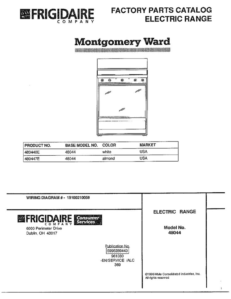 Electric Range Front Cover Diagram and Parts List for 480447E  Frigidaire Range
