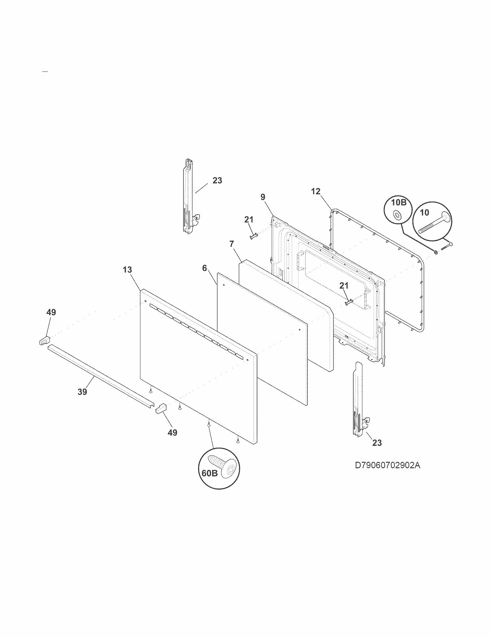 Door Diagram and Parts List for 7909082140A  Kenmore Range