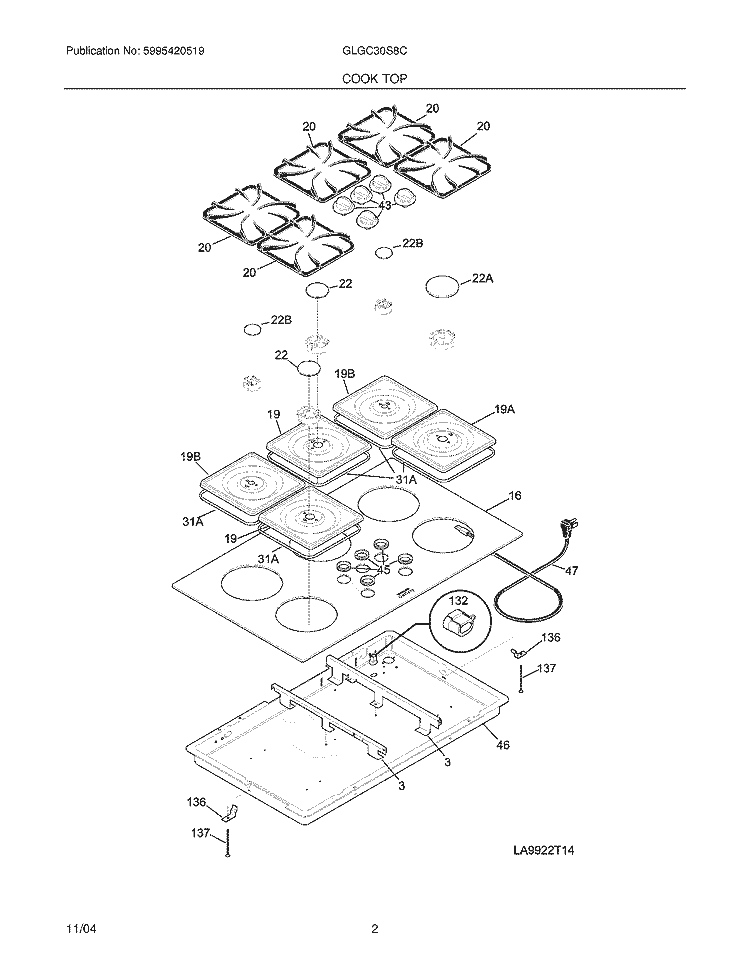 MAINTOP Diagram and Parts List for GLGC36S8CQB  Frigidaire Cooktop