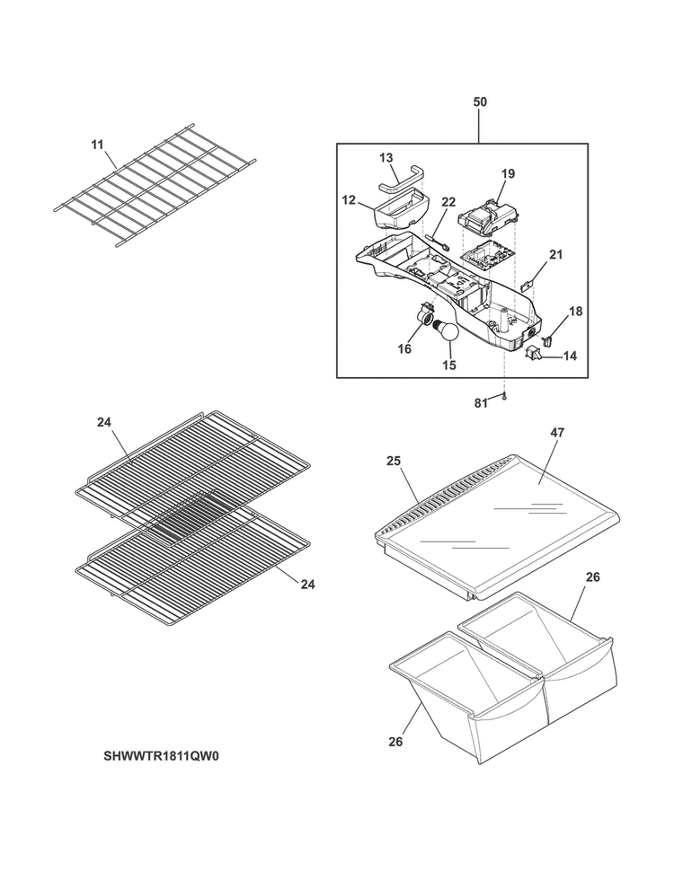 Shelves Diagram and Parts List for WWTR1811QW1  Westinghouse Refrigerator