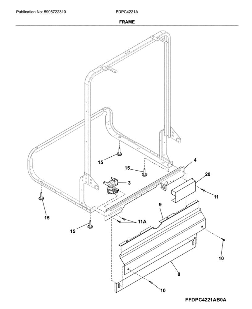 Frame Diagram and Parts List for FDPC4221AB0A  Frigidaire Dishwasher