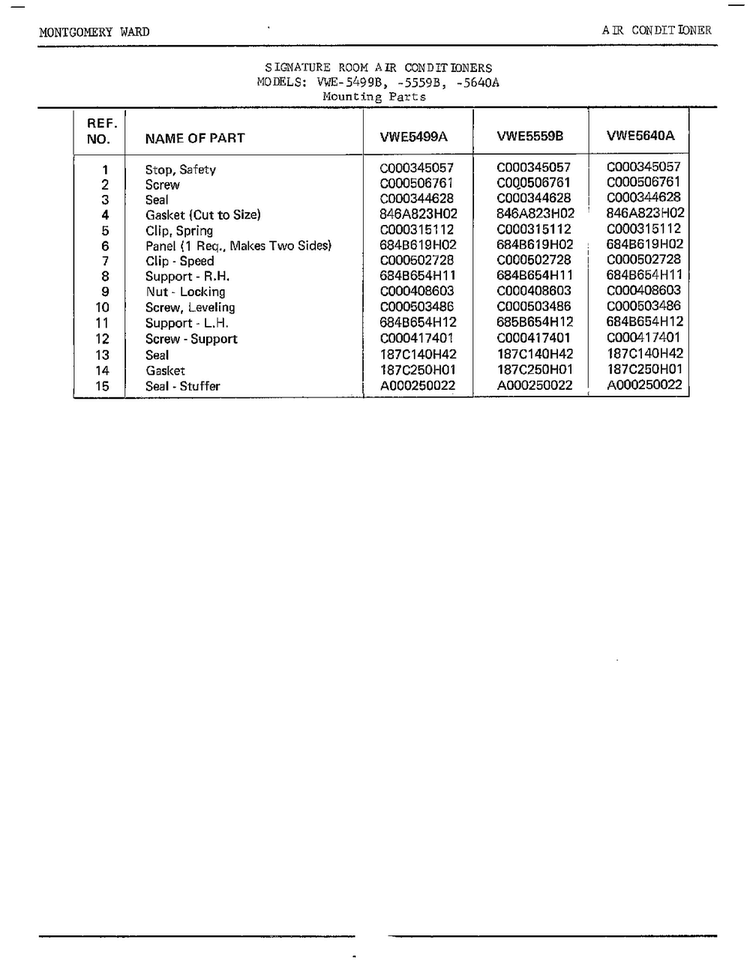 Mounting Parts Page 2 Diagram and Parts List for 5559B  Frigidaire Air Conditioner