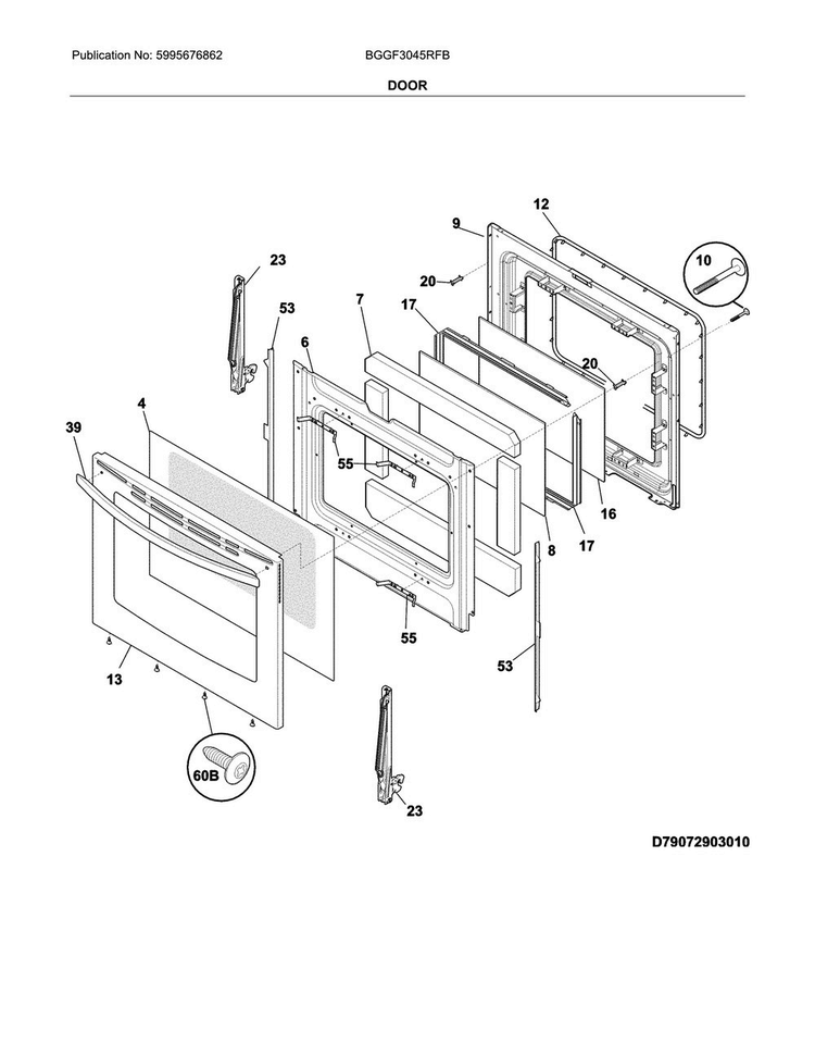Door Diagram and Parts List for BGGF3045RFB  Frigidaire Range