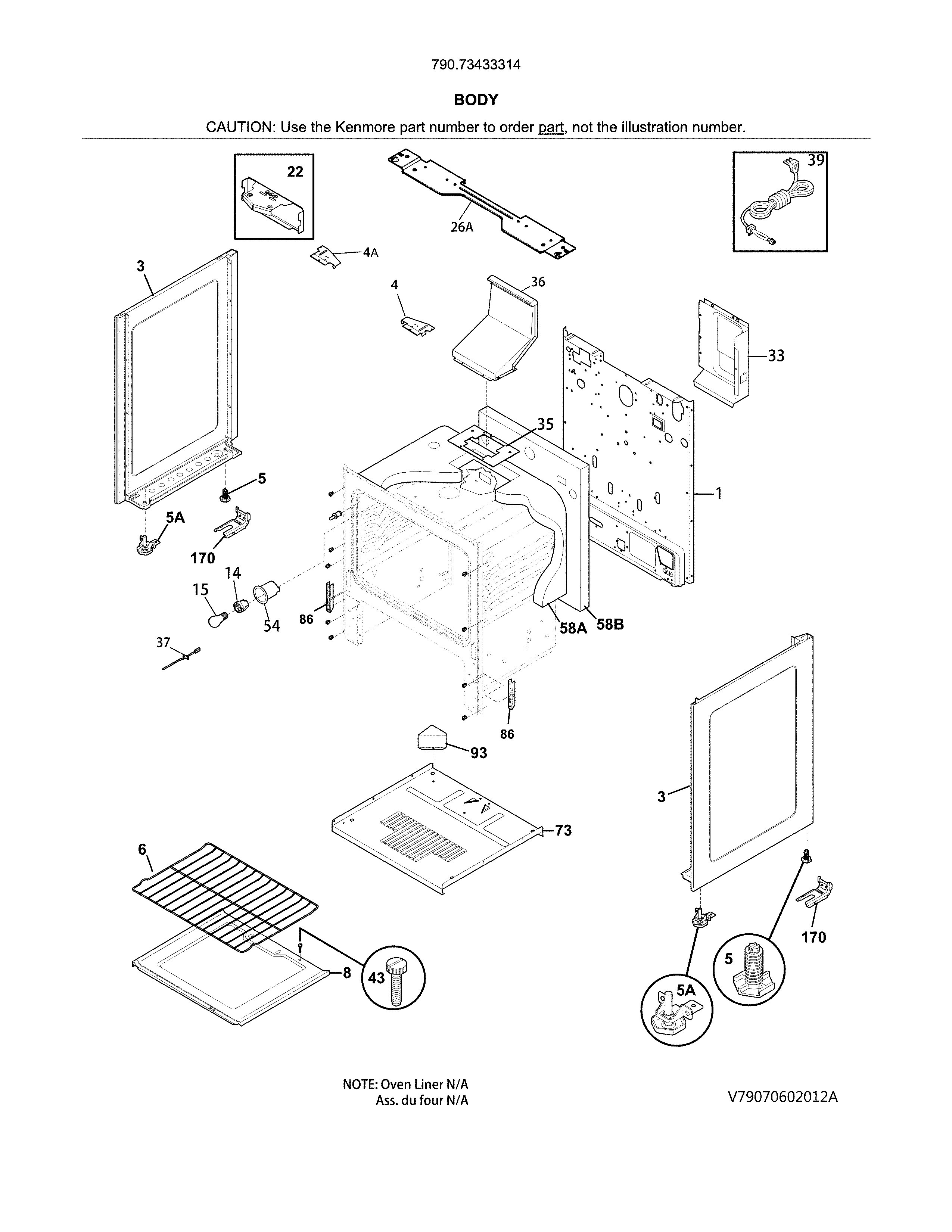 Body Diagram and Parts List for 79073433314  Kenmore Range