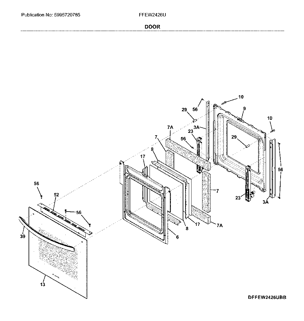 Door Diagram and Parts List for FFEW2426UWB  Frigidaire Wall Oven