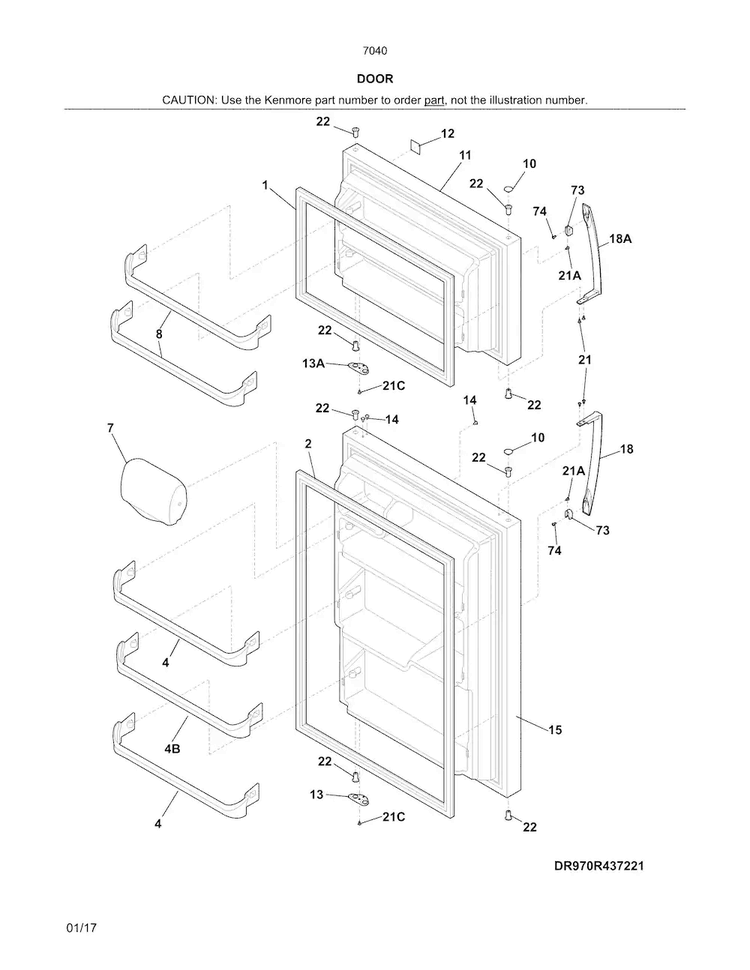 Door Diagram and Parts List for 25370409611  Kenmore Refrigerator
