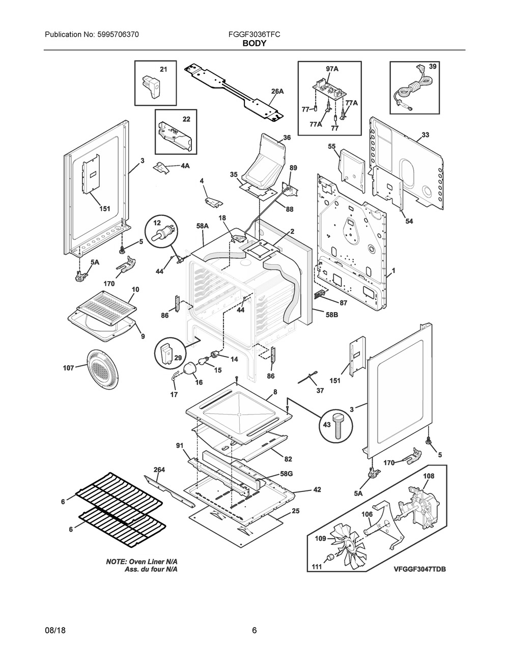 Body Diagram and Parts List for FGGF3036TFC  Frigidaire Range
