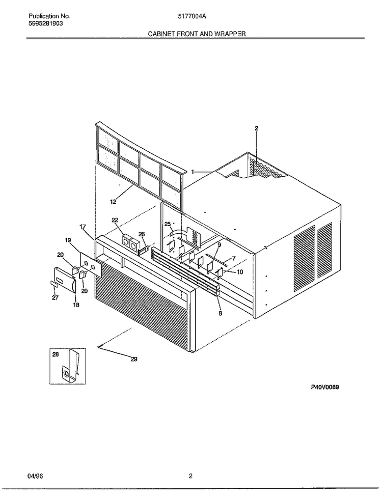 Cabinet Front And Wrapper Diagram and Parts List for 5177004A  Frigidaire Air Conditioner