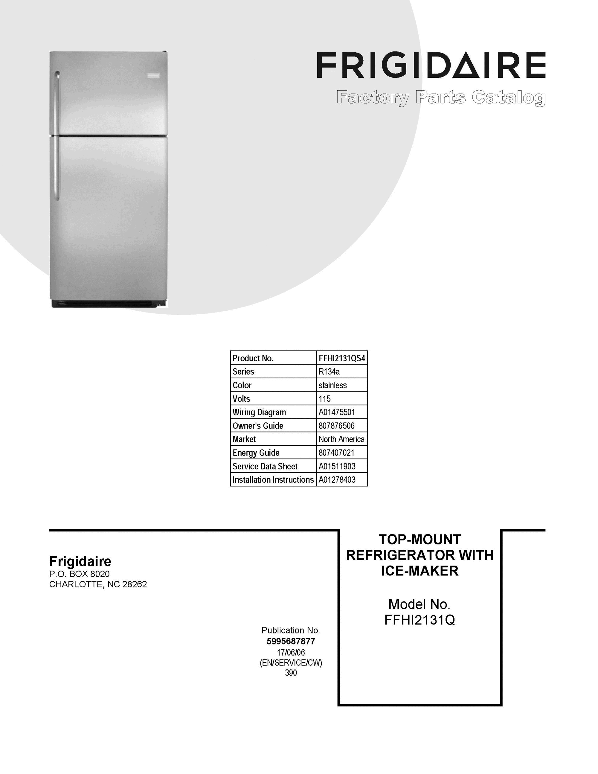 01 - COVER SHEET Diagram and Parts List for FFHI2131QS4  Frigidaire Refrigerator