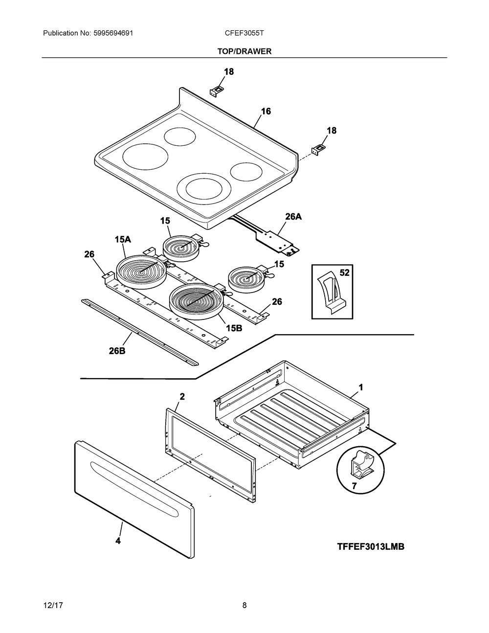 Top/drawer Diagram and Parts List for CFEF3055TBD  Frigidaire Range