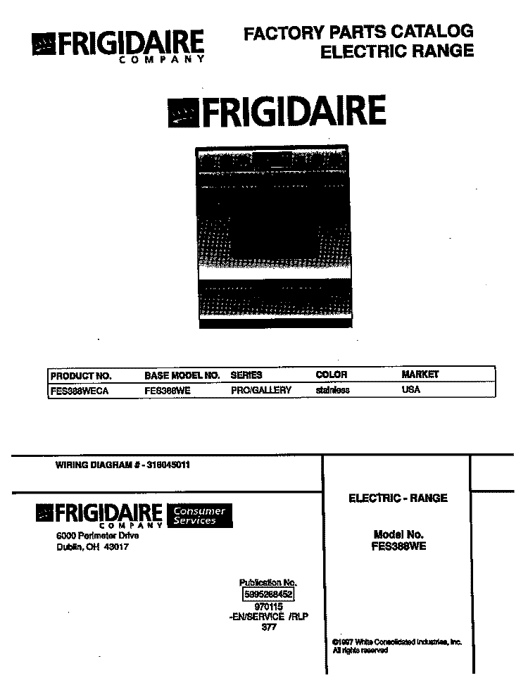 COVER Diagram and Parts List for FES388WECA  Frigidaire Wall Oven