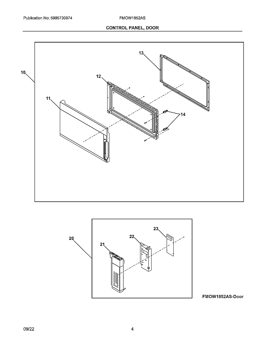 Control Panel, Door Diagram and Parts List for FMOW1852AS  Frigidaire Microwave