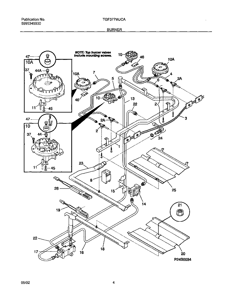 BURNER Diagram and Parts List for TGF377WJCA  Tappan Range