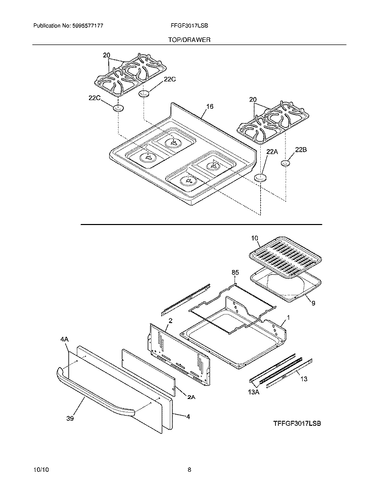 TOP/DRAWER Diagram and Parts List for FFGF3017LSB  Frigidaire Range
