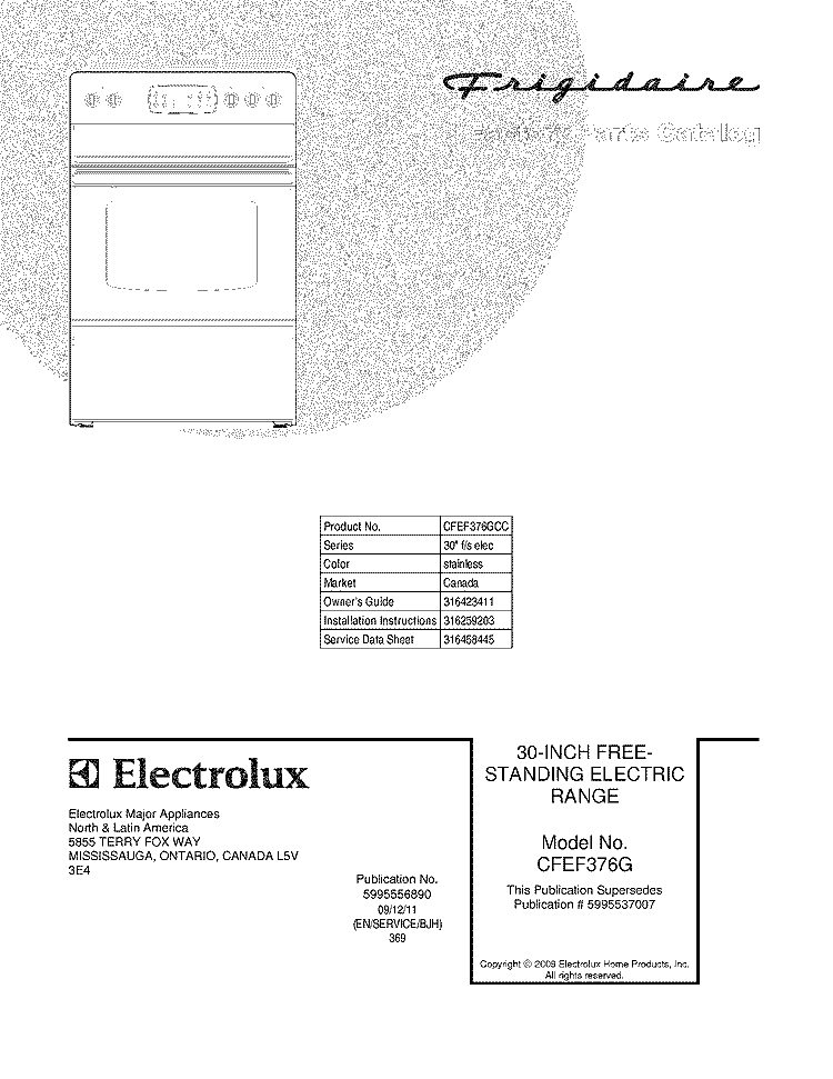 COVER Diagram and Parts List for CFEF376GCC  Frigidaire Range