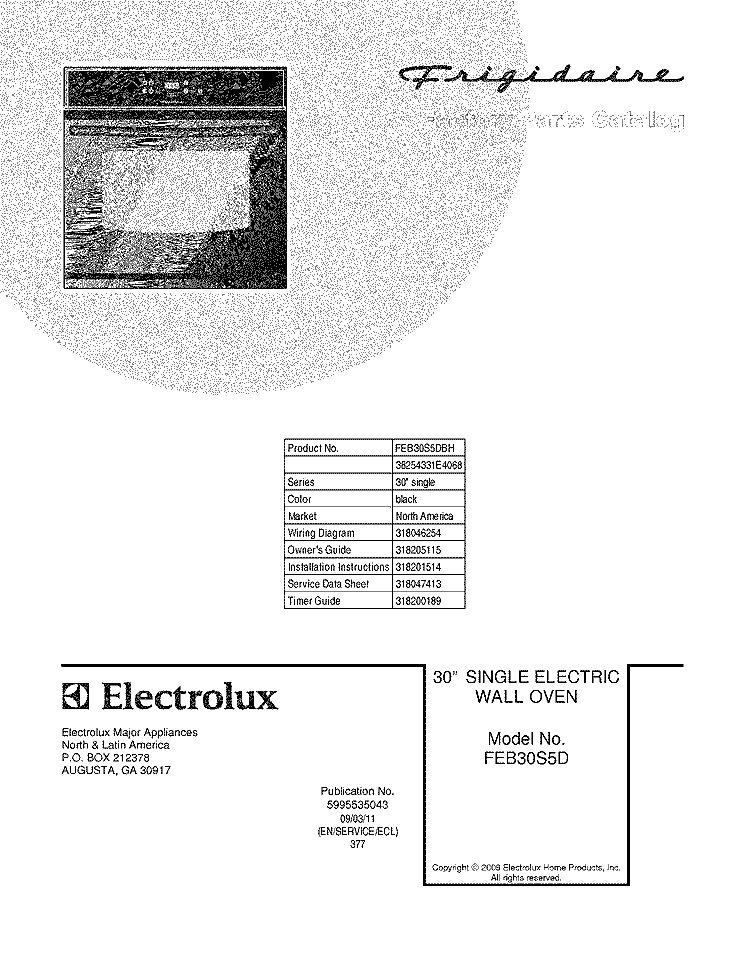 COVER Diagram and Parts List for FEB30S5DBH  Frigidaire Wall Oven