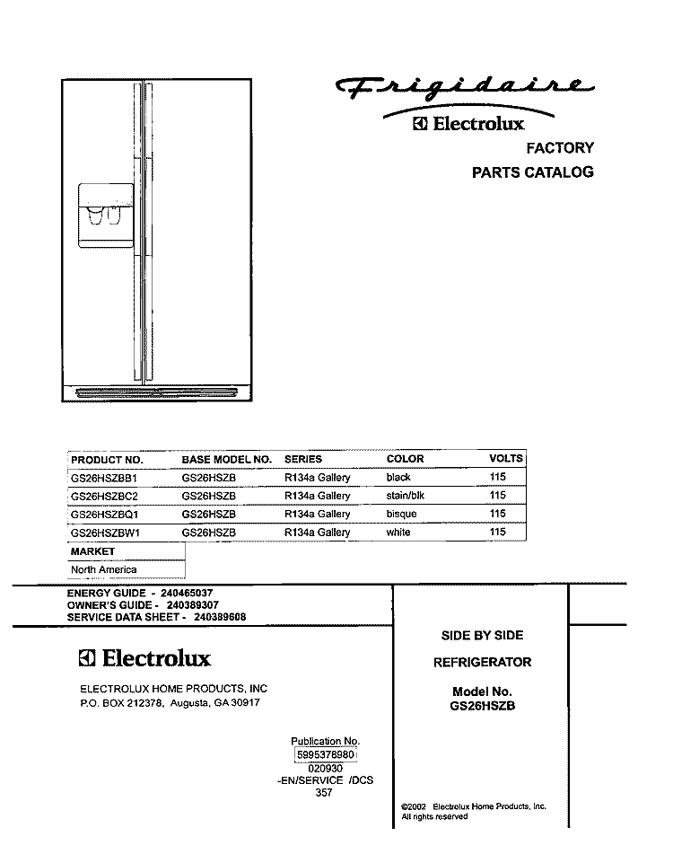 COVER Diagram and Parts List for GS26HSZBC2  Frigidaire Refrigerator