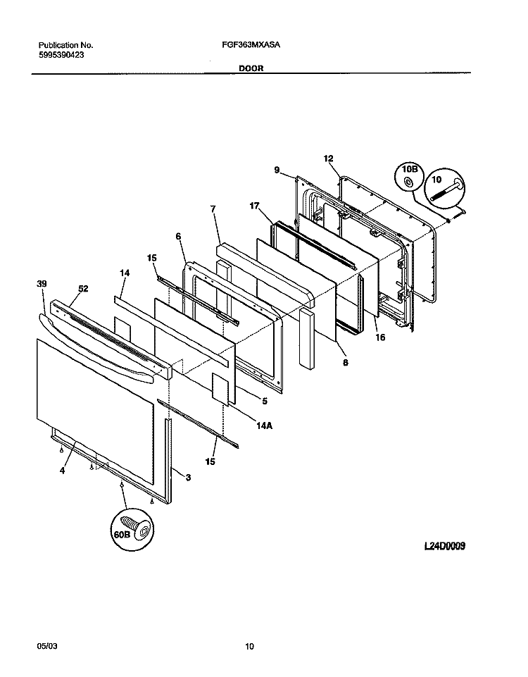 DOOR Diagram and Parts List for FGF363MXASA  Frigidaire Range