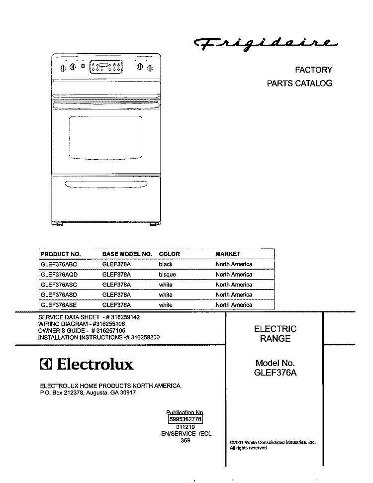 COVER Diagram and Parts List for GLEF376AQD  Frigidaire Range