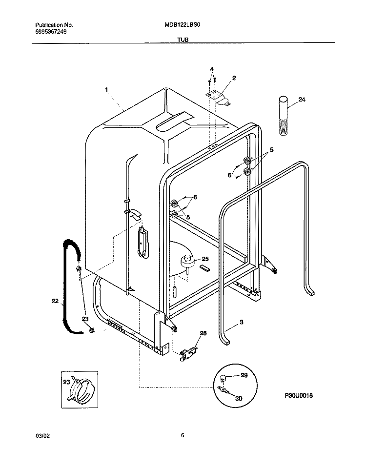 TUB Diagram and Parts List for MDB122LBS0  Uni Dishwasher