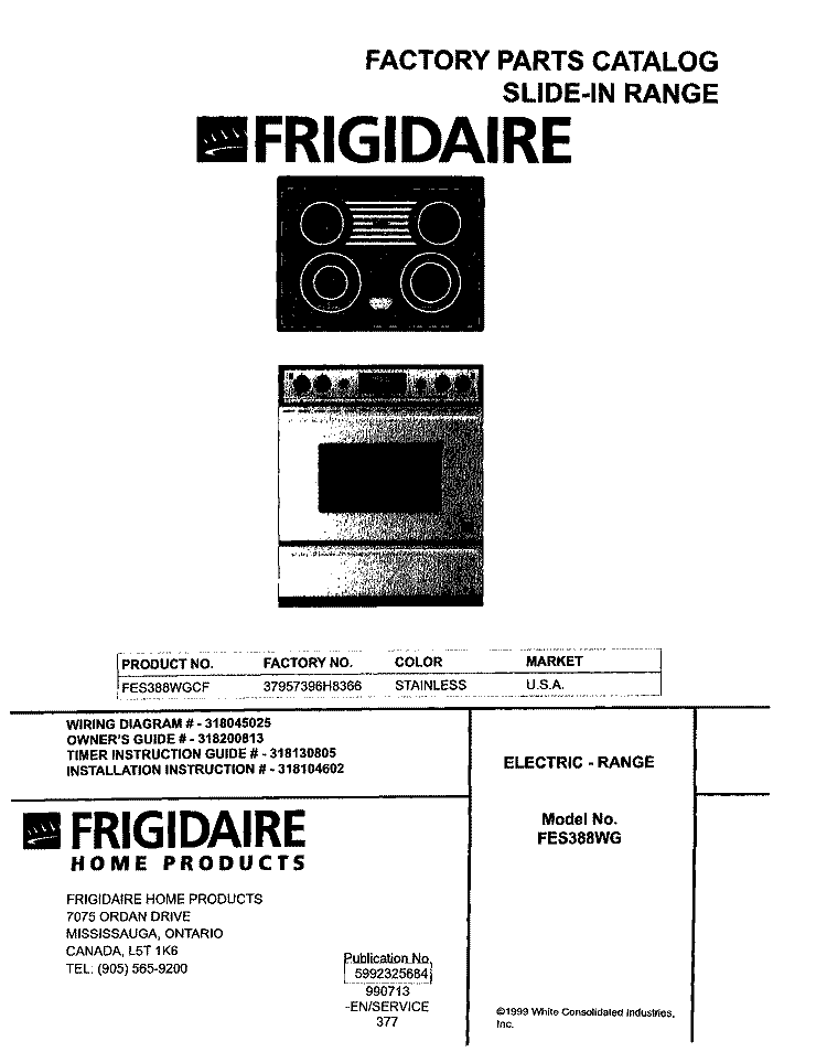 COVER Diagram and Parts List for FES388WGCF  Frigidaire Range