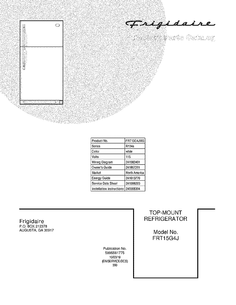 COVER Diagram and Parts List for FRT15G4JW5  Frigidaire Refrigerator