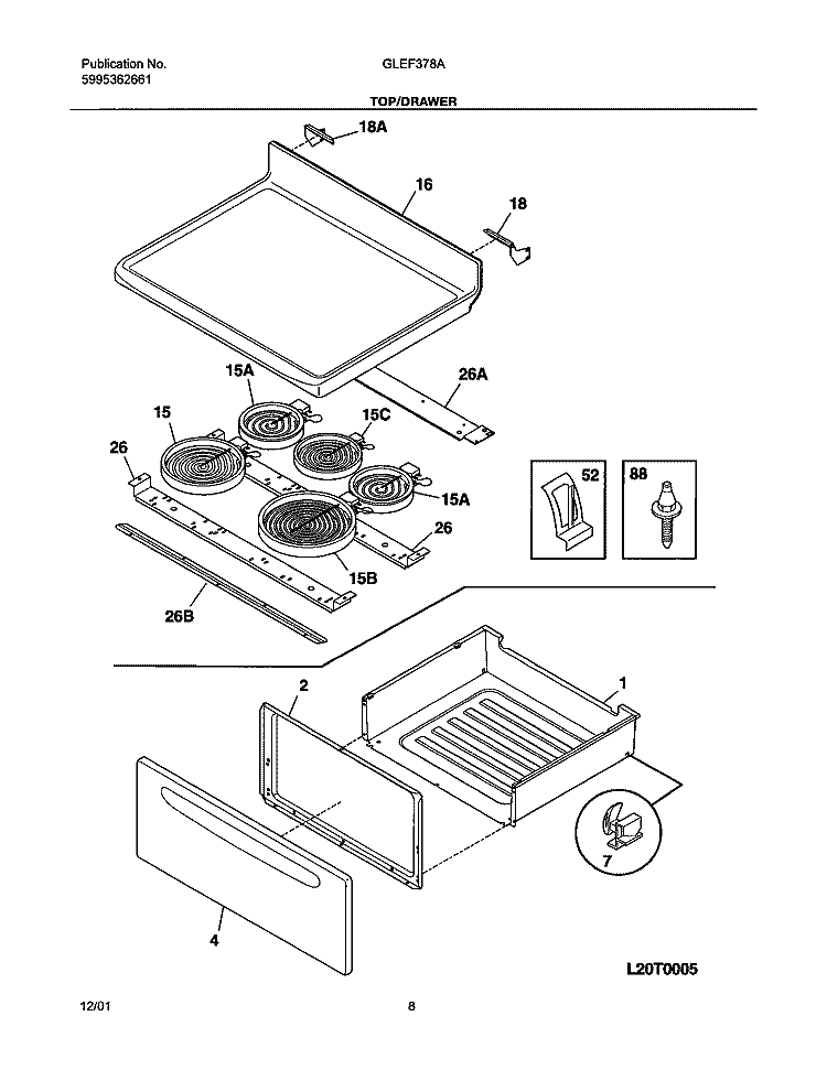 TOP / DRAWER Diagram and Parts List for GLEF378AQC  Frigidaire Range