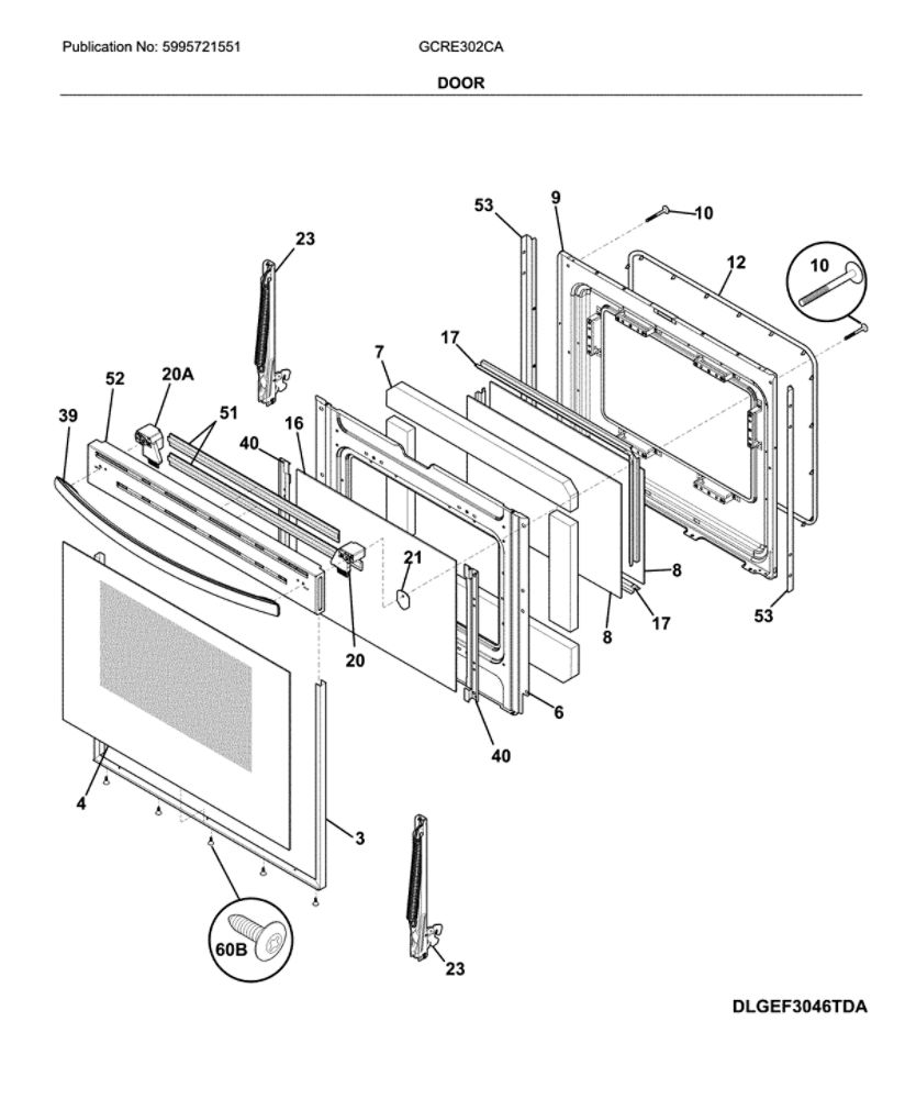 Door Diagram and Parts List for GCRE302CADA  Frigidaire Range