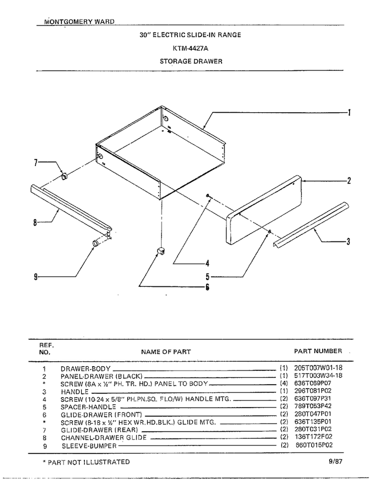 Storage Drawer Diagram and Parts List for 4427A  Frigidaire Range