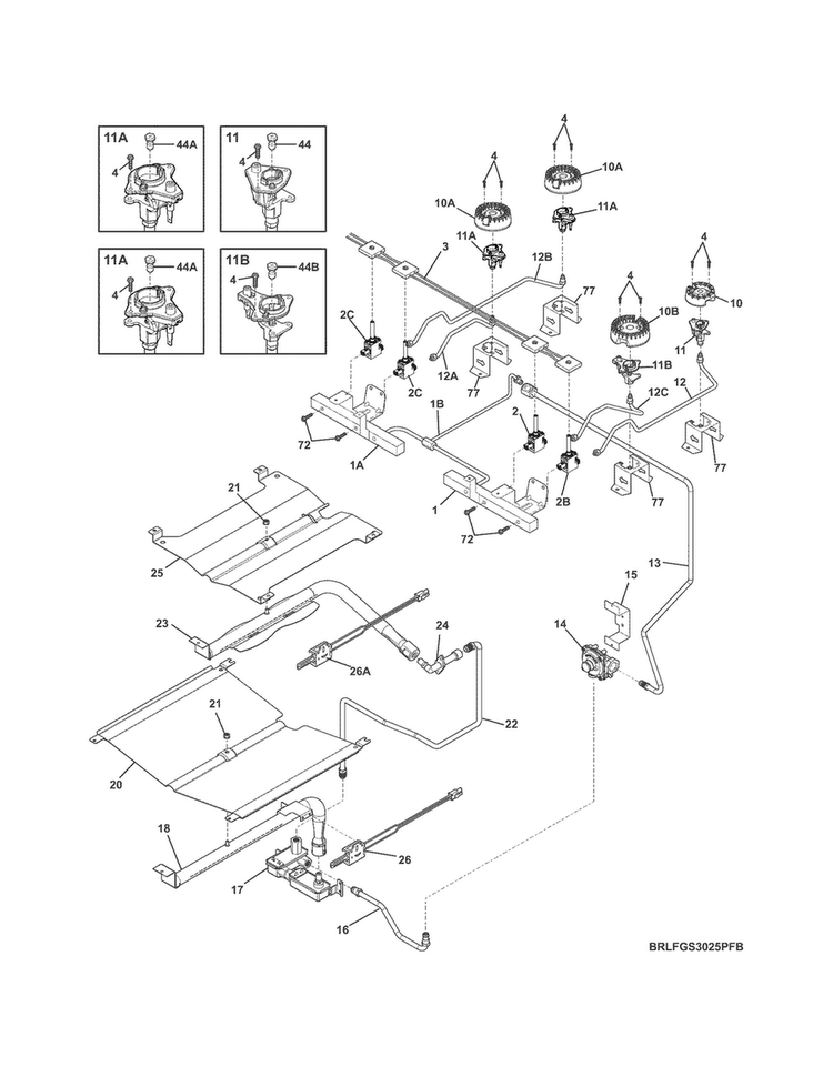 Burner Diagram and Parts List for LFGS3025PFC  Frigidaire Range