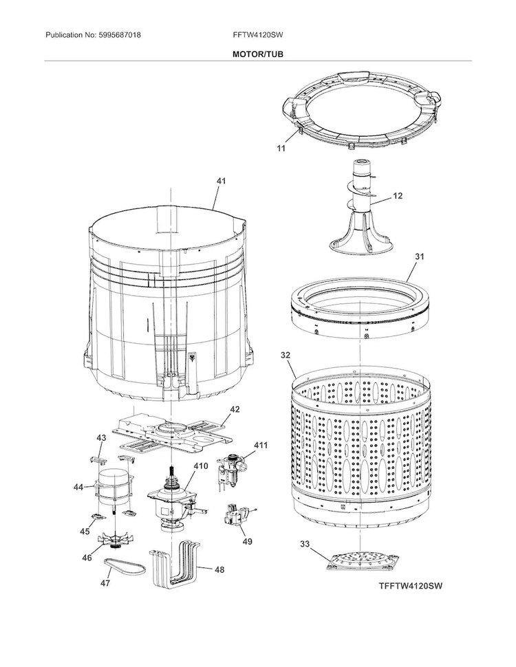 Motor/tub Diagram and Parts List for FFTW4120SW  Frigidaire Washer