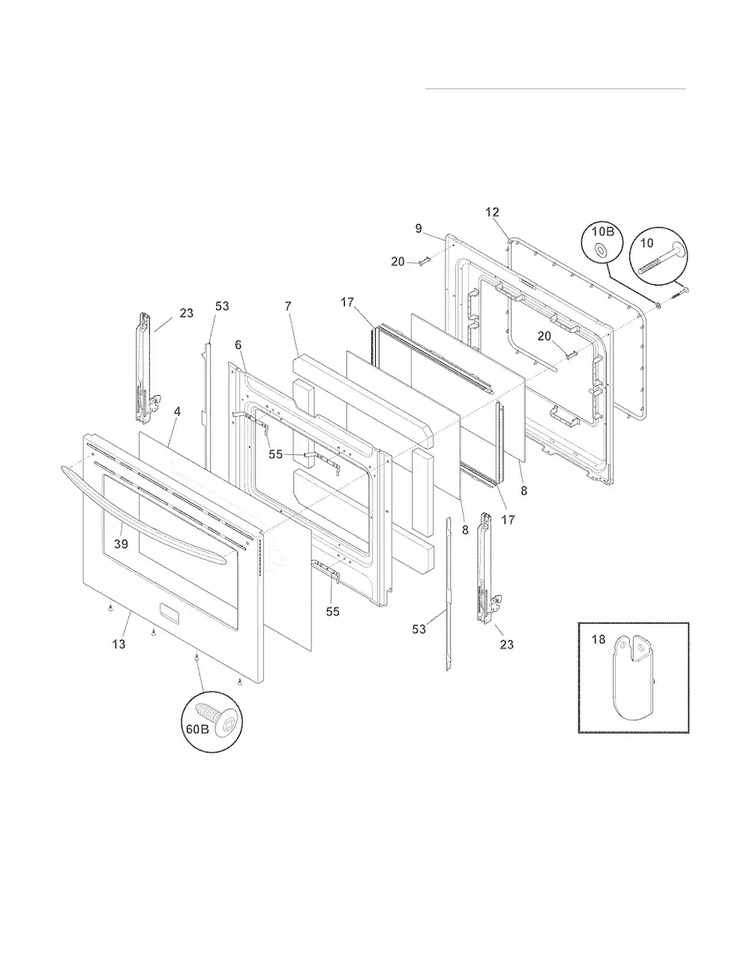 Door Diagram and Parts List for LGEF3043KFK  Frigidaire Range
