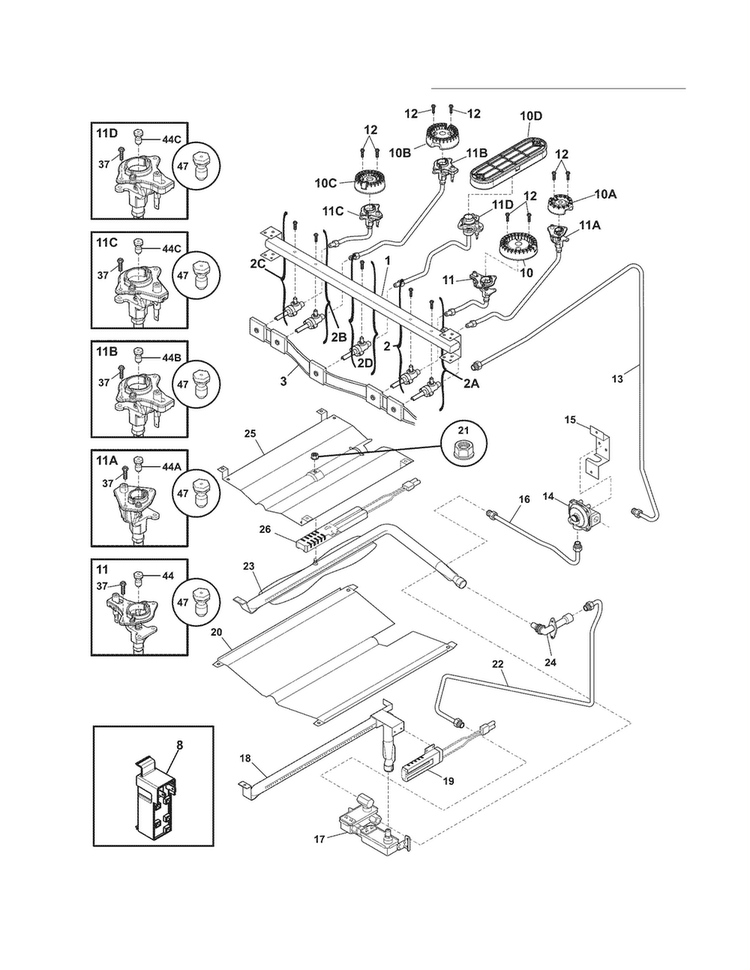 Burner Diagram and Parts List for DGGF3042KFM  Frigidaire Range
