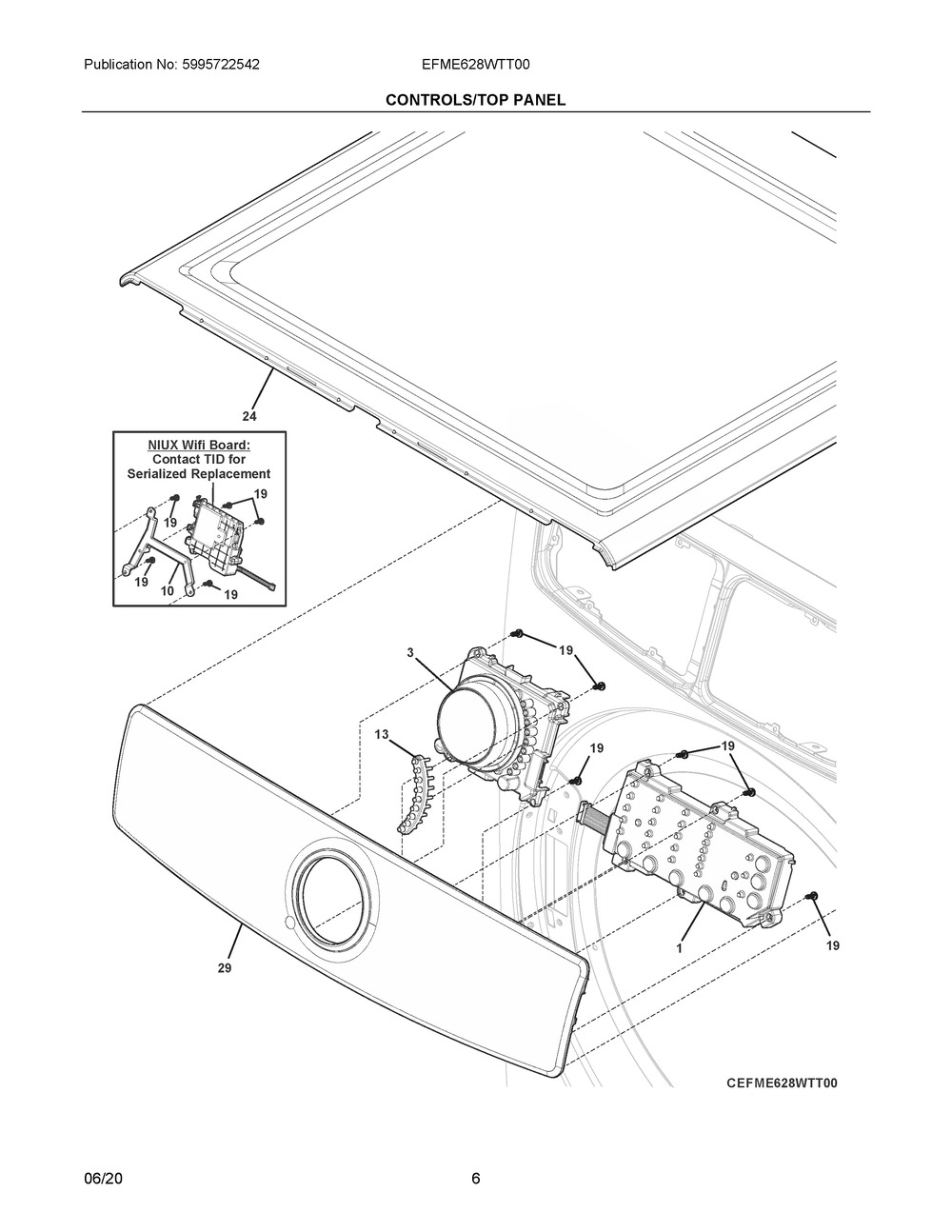 Controls/Top Panel Diagram and Parts List for EFME628WTT00  Frigidaire Dryer