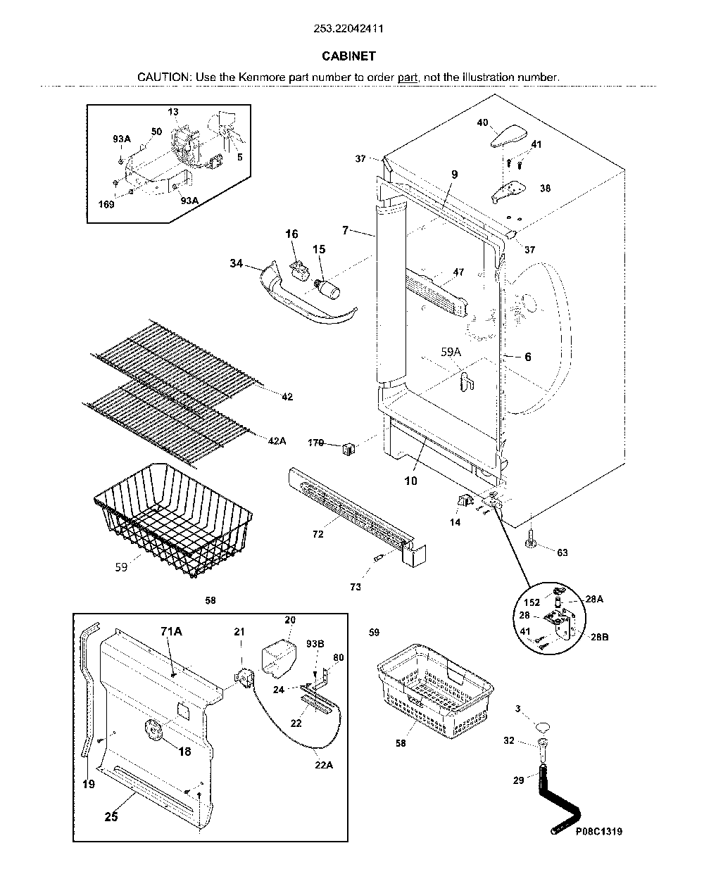 Cabinet Diagram and Parts List for 25322042411  Kenmore Freezer