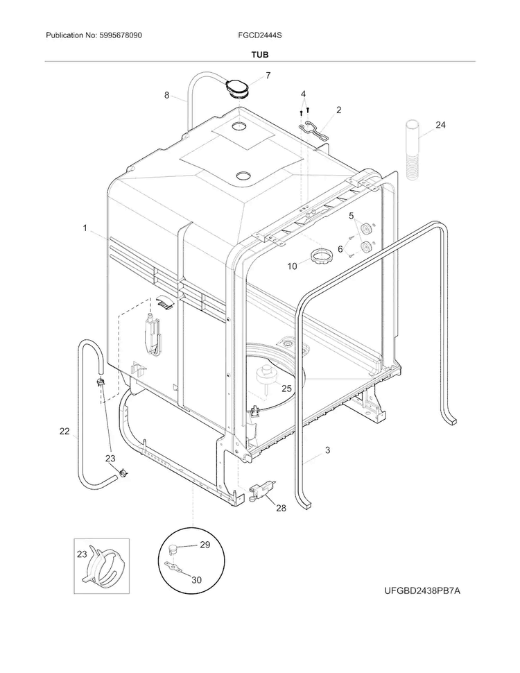 Tub Diagram and Parts List for FGCD2444SA0A  Frigidaire Dishwasher