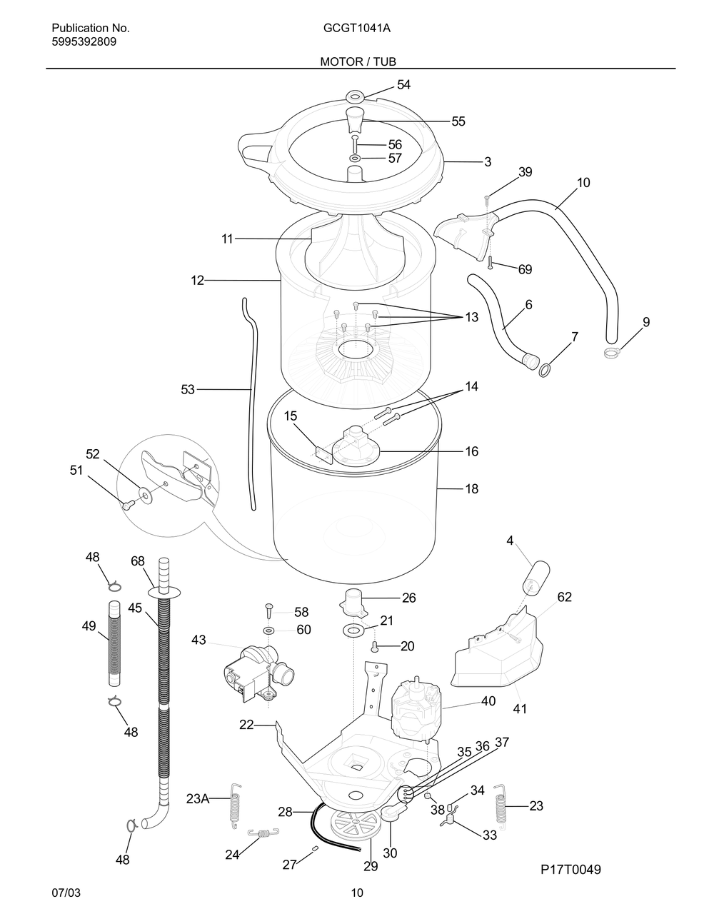Motor / Tub Diagram and Parts List for GCGT1041A  Frigidaire Dryer