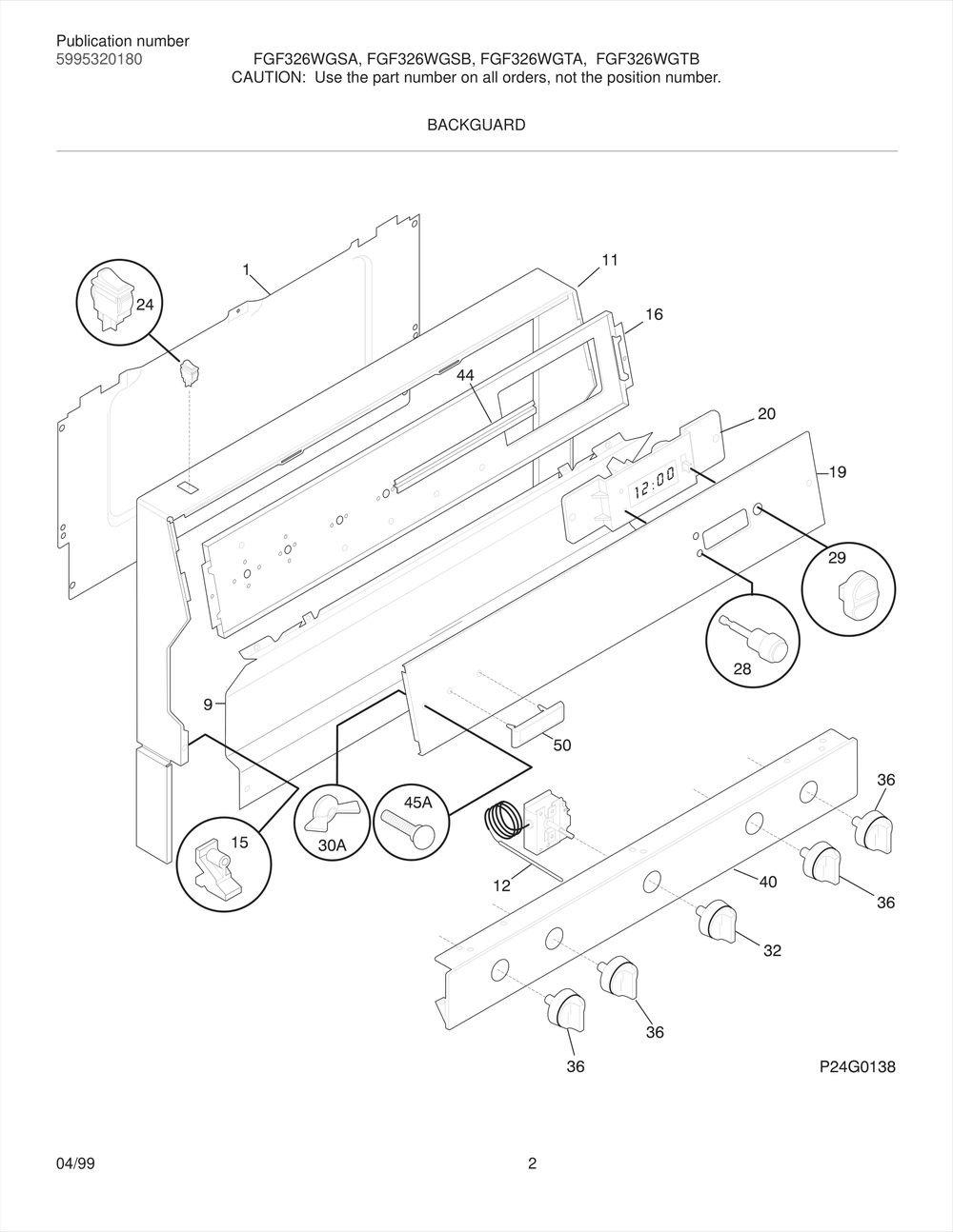 Backguard Diagram and Parts List for FGF326WGTB  Frigidaire Range