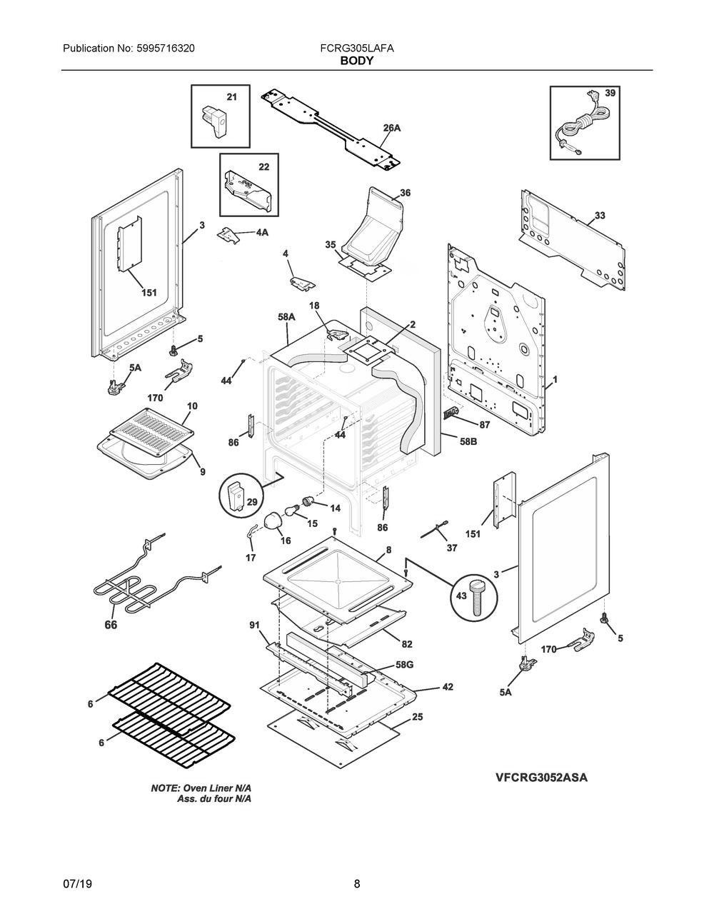 Body Diagram and Parts List for FCRG305LAFA  Frigidaire Range