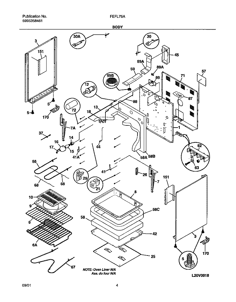 BODY Diagram and Parts List for FEFL75ASA  Frigidaire Range