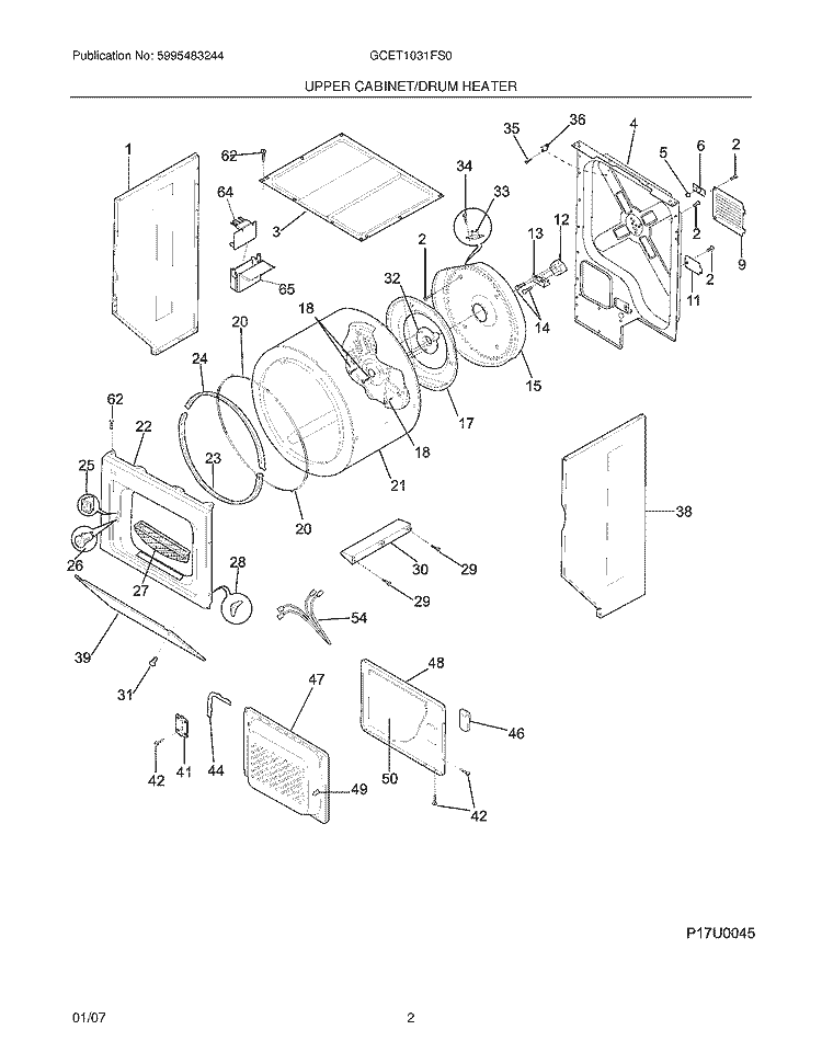 UPPER CABINET / DRUM HEATER Diagram and Parts List for GCET1031FS0  Frigidaire Washer Dryer Combo