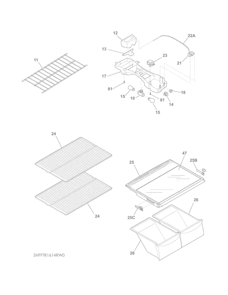 Shelves Diagram and Parts List for FFTR1514RW0  Frigidaire Refrigerator